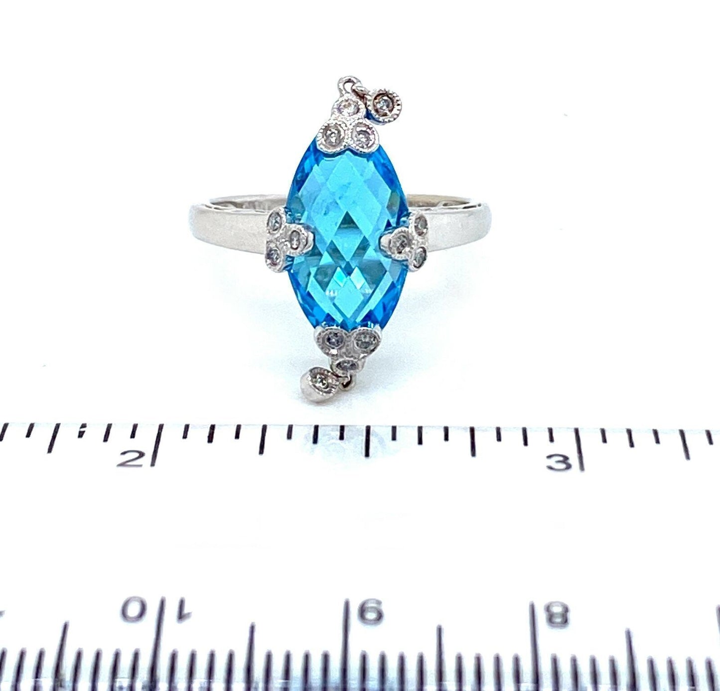 Diamond Blue Topaz Dangle Charm 14k White Gold Marquise Shape Ring - Size 7