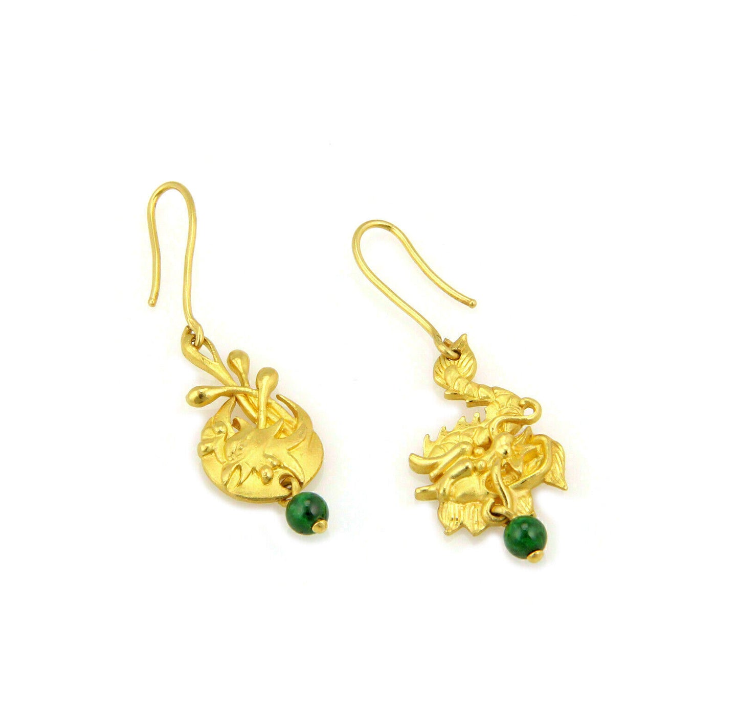 Jade 24k Gold Carved Dragon & Phoenix Hook Dangle Earrings