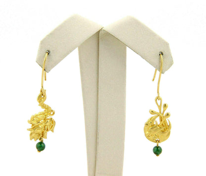 Jade 24k Gold Carved Dragon & Phoenix Hook Dangle Earrings