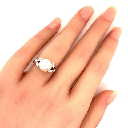 Mikimoto Akoya Pearl Diamonds Platinum Cocktail Ring - Size 6