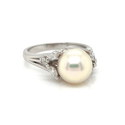 Mikimoto Akoya Pearl Diamonds Platinum Cocktail Ring - Size 6