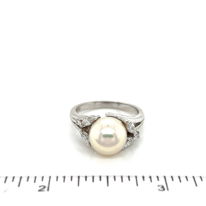 Mikimoto Akoya Pearl Diamonds Platinum Cocktail Ring - Size 6