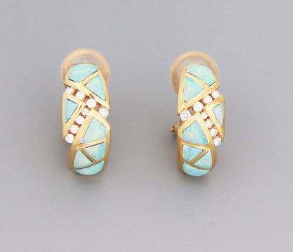 Kabana Diamond Opal 14k Yellow Gold Curved Bar Huggie Earrings