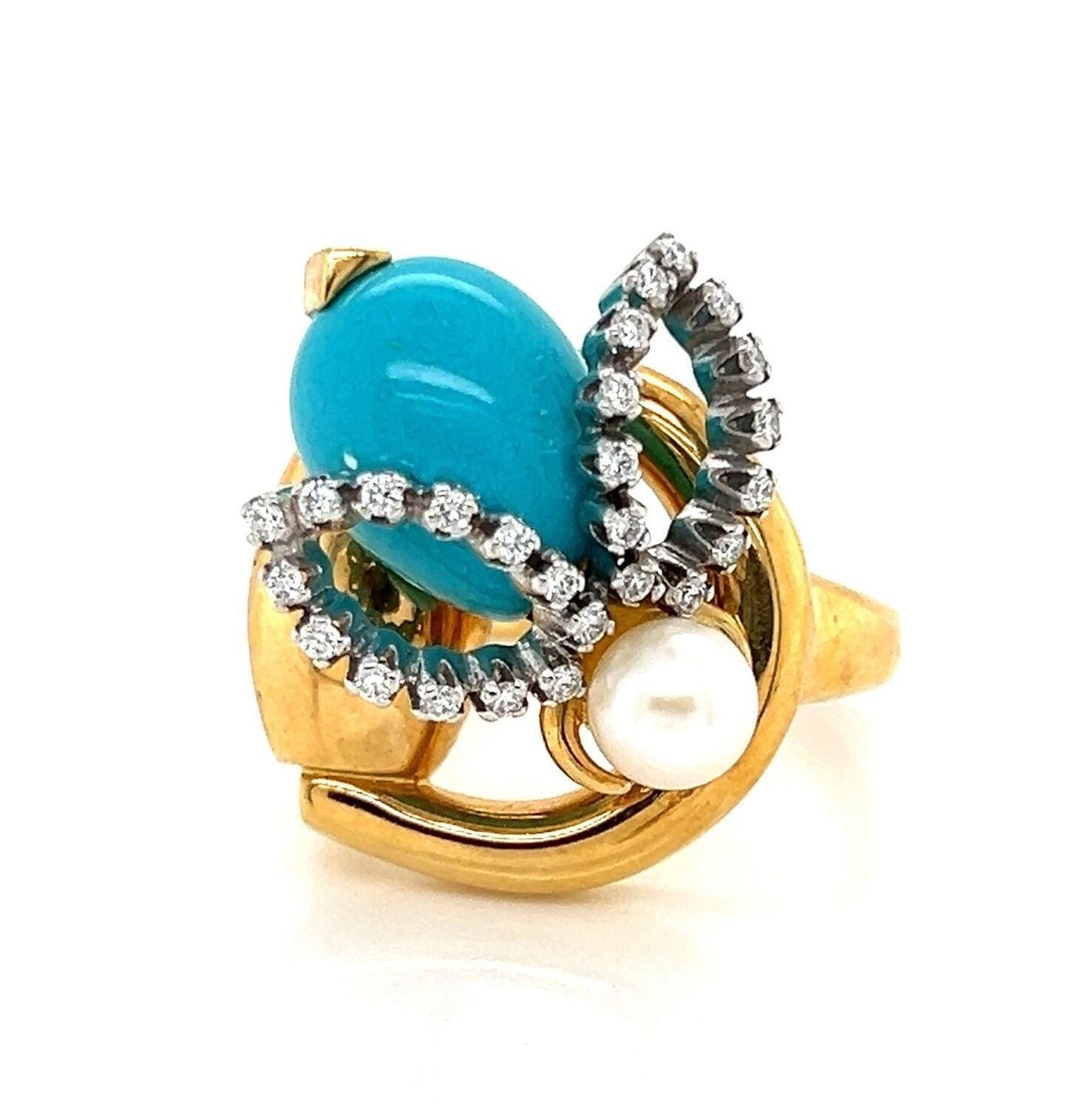 Gucci Diamond Turquoise Pearl Horsebit Bee 18k Gold Ring - Size 6