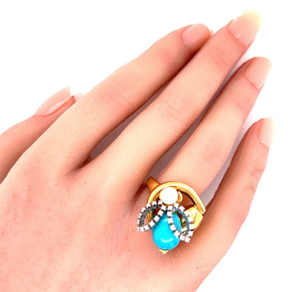 Gucci Diamond Turquoise Pearl Horsebit Bee 18k Gold Ring - Size 6