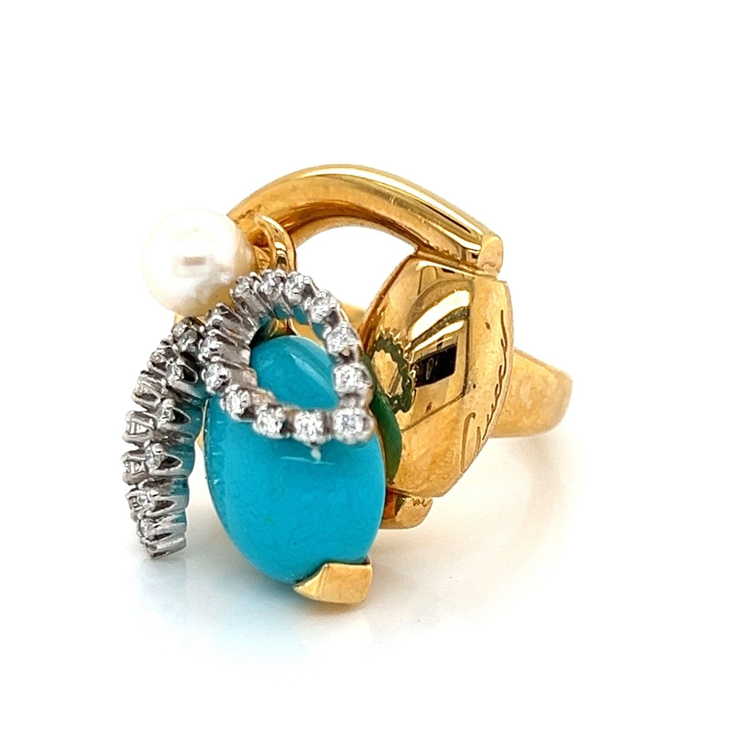 Gucci Diamond Turquoise Pearl Horsebit Bee 18k Gold Ring - Size 6