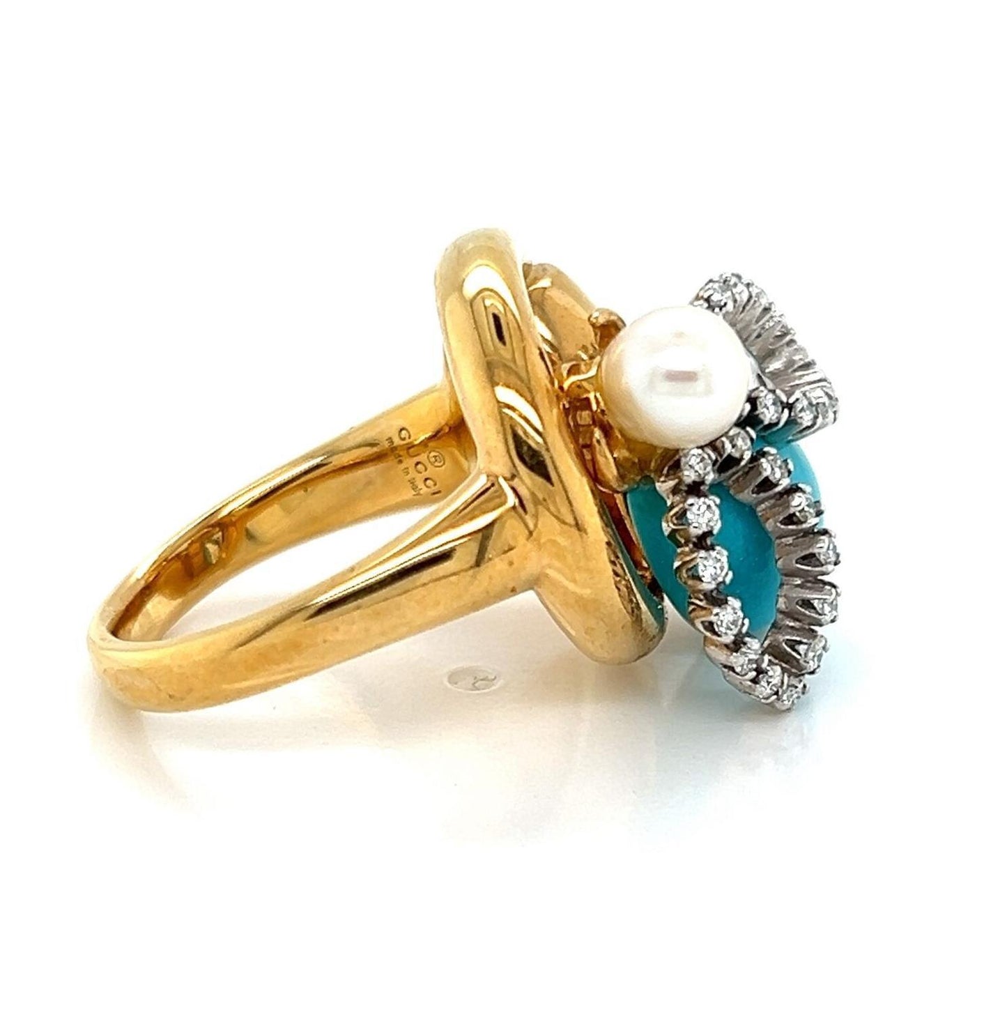 Gucci Diamond Turquoise Pearl Horsebit Bee 18k Gold Ring - Size 6