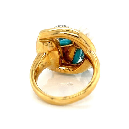 Gucci Diamond Turquoise Pearl Horsebit Bee 18k Gold Ring - Size 6