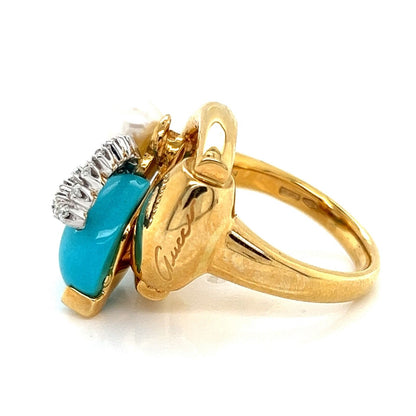 Gucci Diamond Turquoise Pearl Horsebit Bee 18k Gold Ring - Size 6