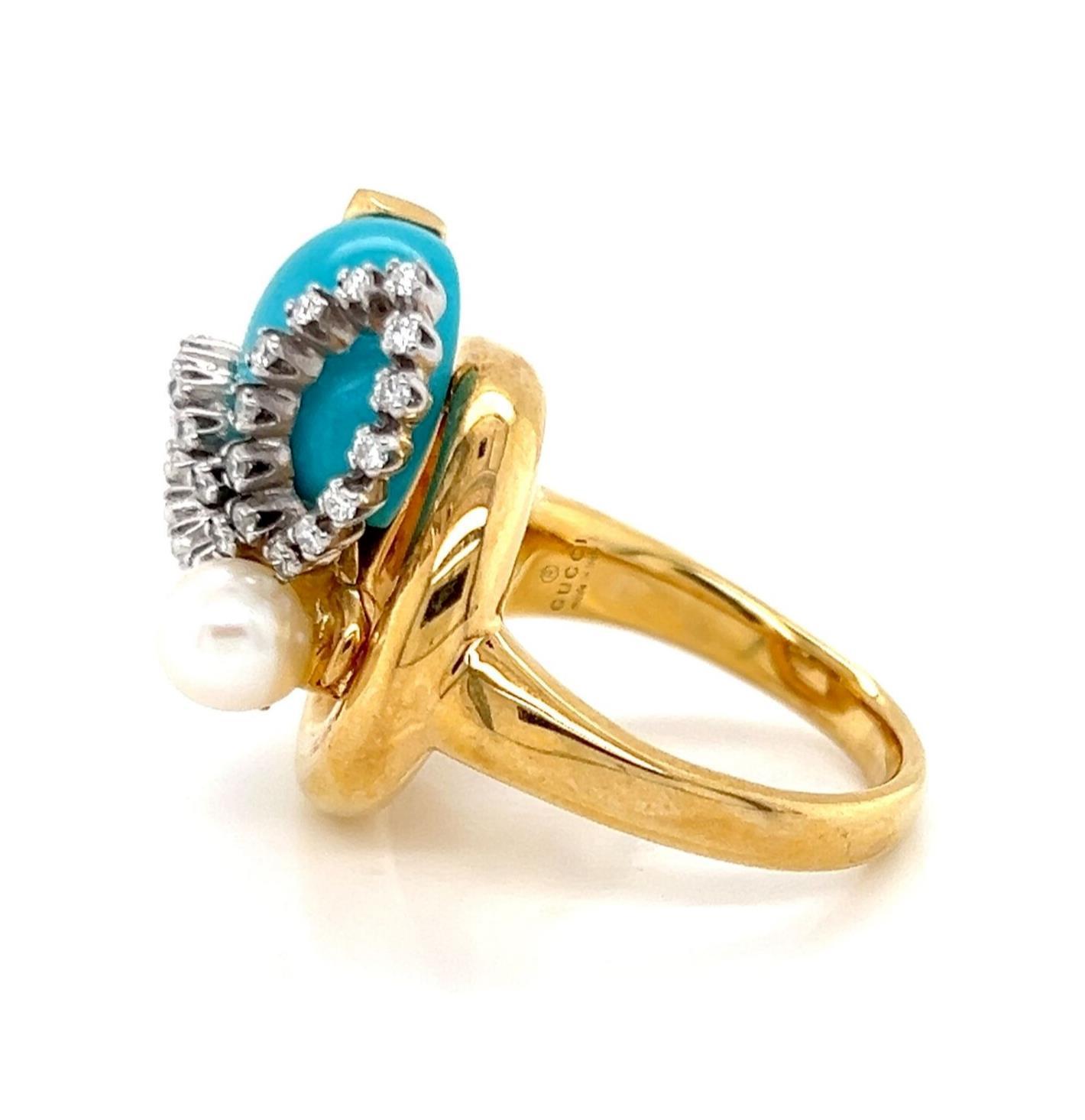 Gucci Diamond Turquoise Pearl Horsebit Bee 18k Gold Ring - Size 6