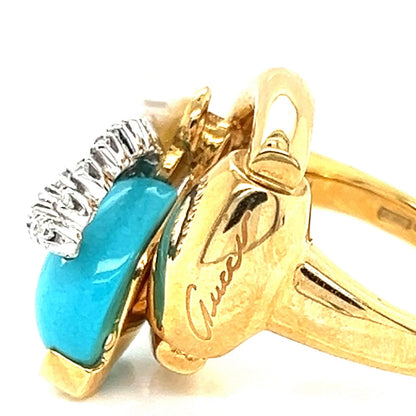 Gucci Diamond Turquoise Pearl Horsebit Bee 18k Gold Ring - Size 6