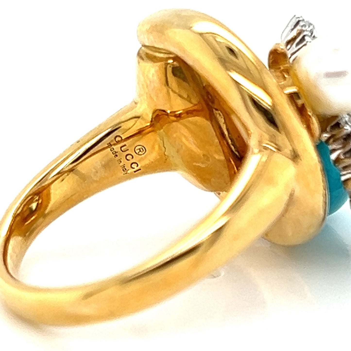 Gucci Diamond Turquoise Pearl Horsebit Bee 18k Gold Ring - Size 6