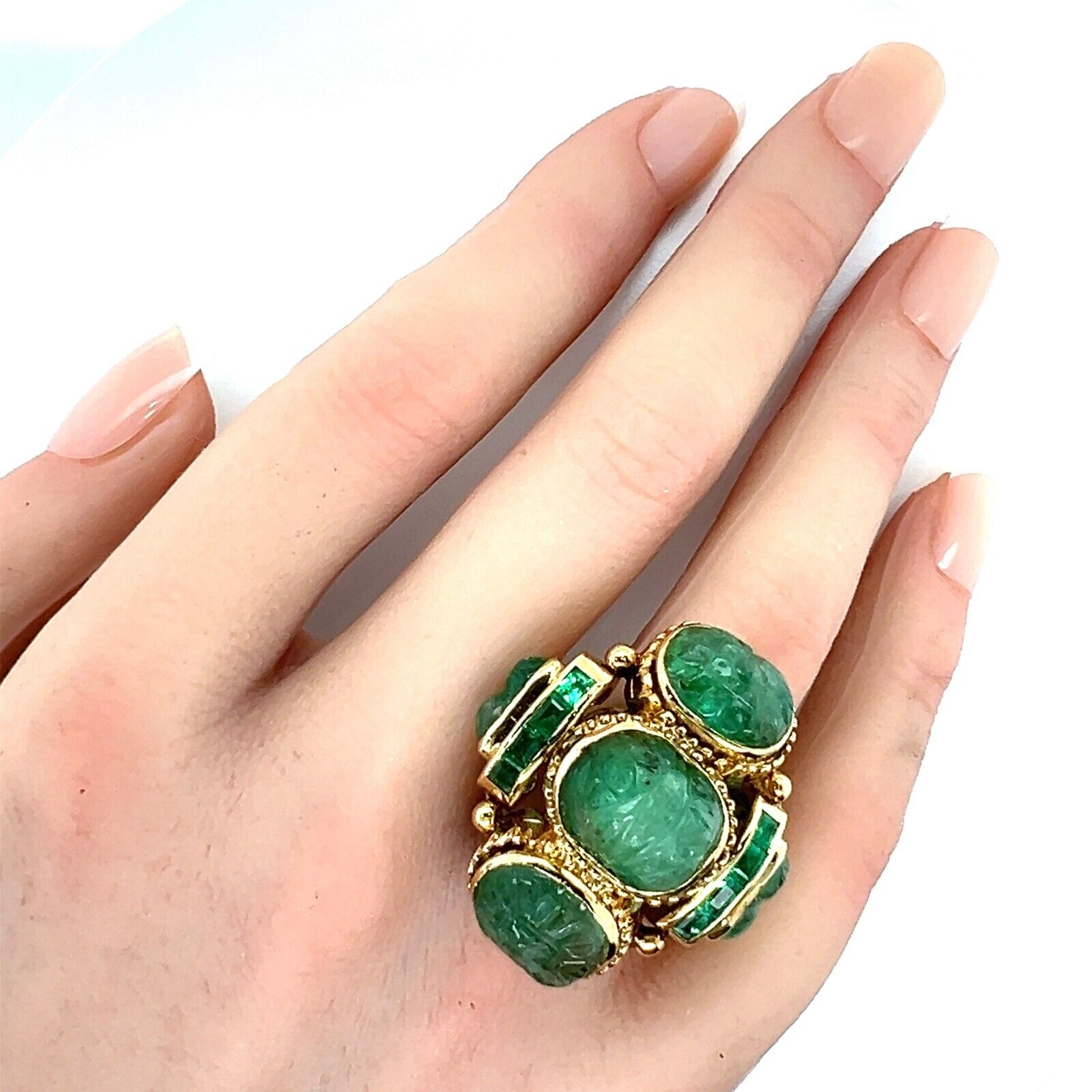 Carved Emerald 14k Rose Gold Large Fancy Ring Size 7 Jewels by Joy