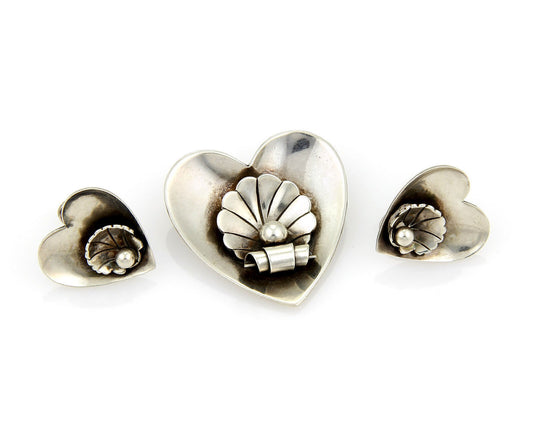 Georg Jensen Sterling Sterling Silver Shell & Heart Earrings & Brooch Set