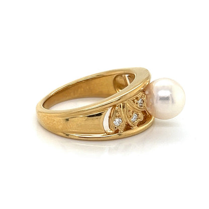 Mikimoto Diamond Akoya Pearl 18k Yellow Gold Leaf Band Ring - Size 5.5