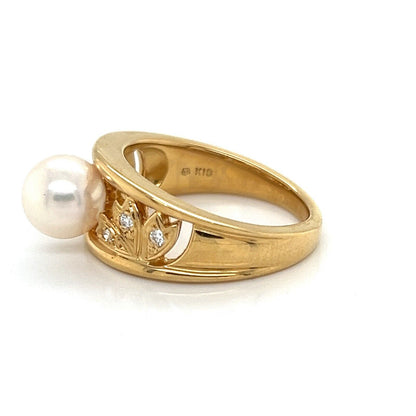 Mikimoto Diamond Akoya Pearl 18k Yellow Gold Leaf Band Ring - Size 5.5