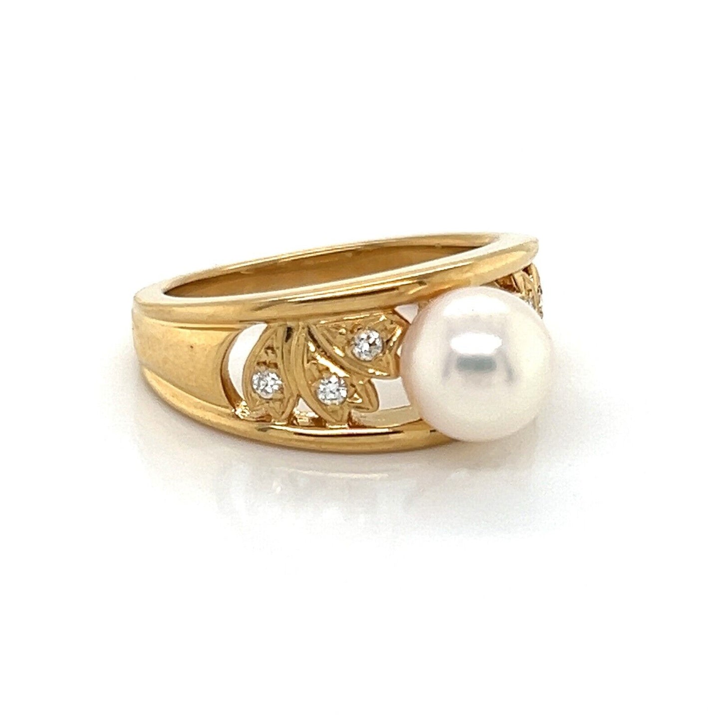 Mikimoto Diamond Akoya Pearl 18k Yellow Gold Leaf Band Ring - Size 5.5