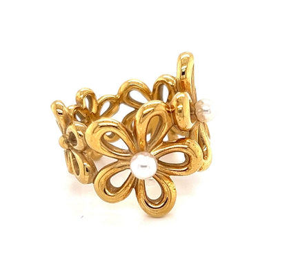 Mikimoto Pearls 18k Yellow Gold Daisy Flower Ring - Size 6.5