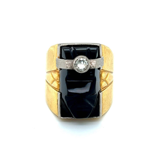 Diamond Onyx 18k Two Tone Gold Carved Face Ring - Size 9.5