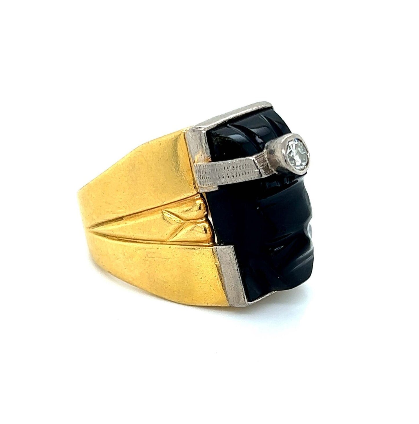 Diamond Onyx 18k Two Tone Gold Carved Face Ring - Size 9.5