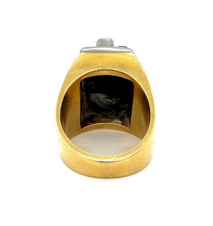 Diamond Onyx 18k Two Tone Gold Carved Face Ring - Size 9.5