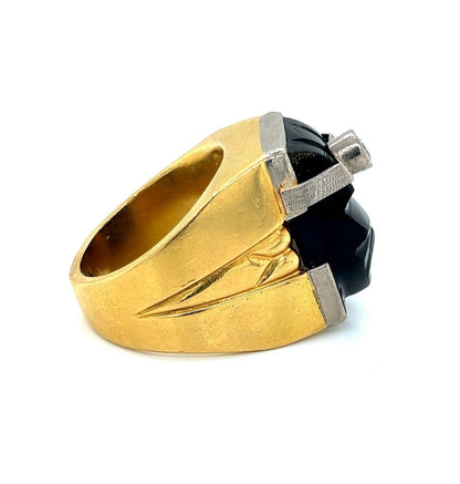 Diamond Onyx 18k Two Tone Gold Carved Face Ring - Size 9.5