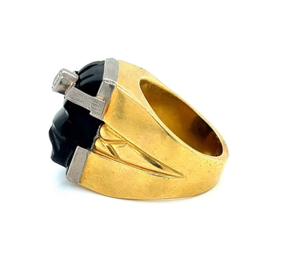 Diamond Onyx 18k Two Tone Gold Carved Face Ring - Size 9.5