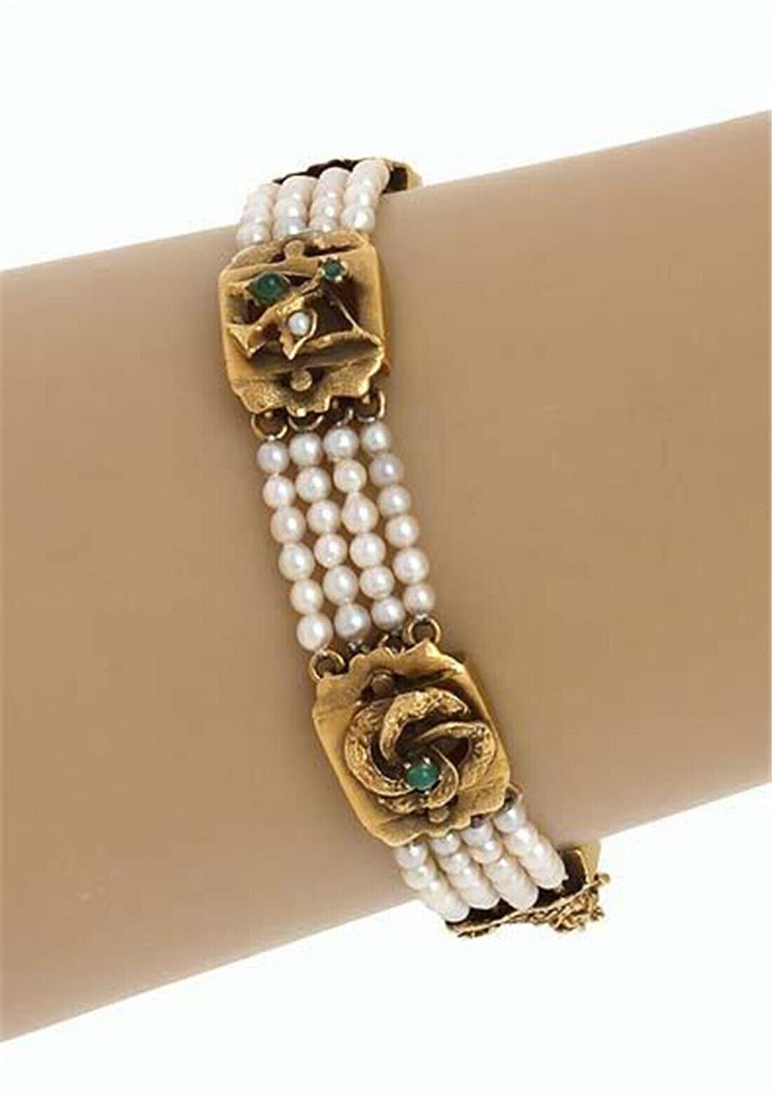 Victorian 14k Gold Pearls Emerald & Garnet Fancy Multi-Strand Bracelet