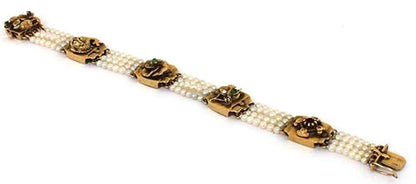 Victorian 14k Gold Pearls Emerald & Garnet Fancy Multi-Strand Bracelet