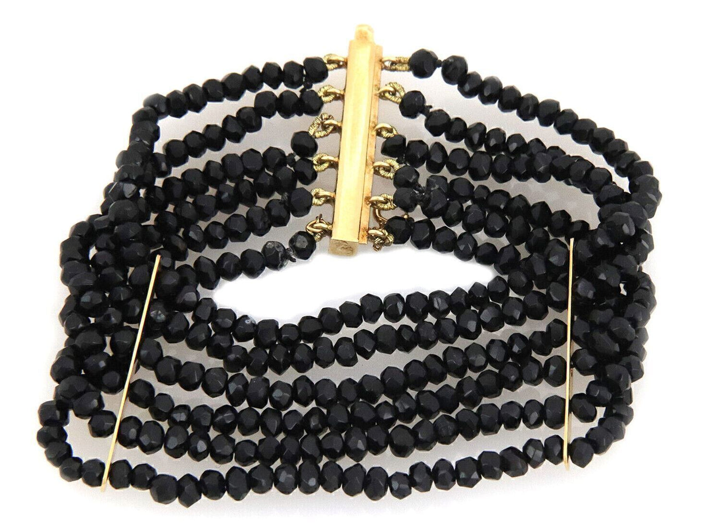 Six Strand Onyx Beaded 18k Yellow Gold Wide Bracelet