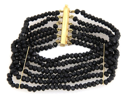 Six Strand Onyx Beaded 18k Yellow Gold Wide Bracelet