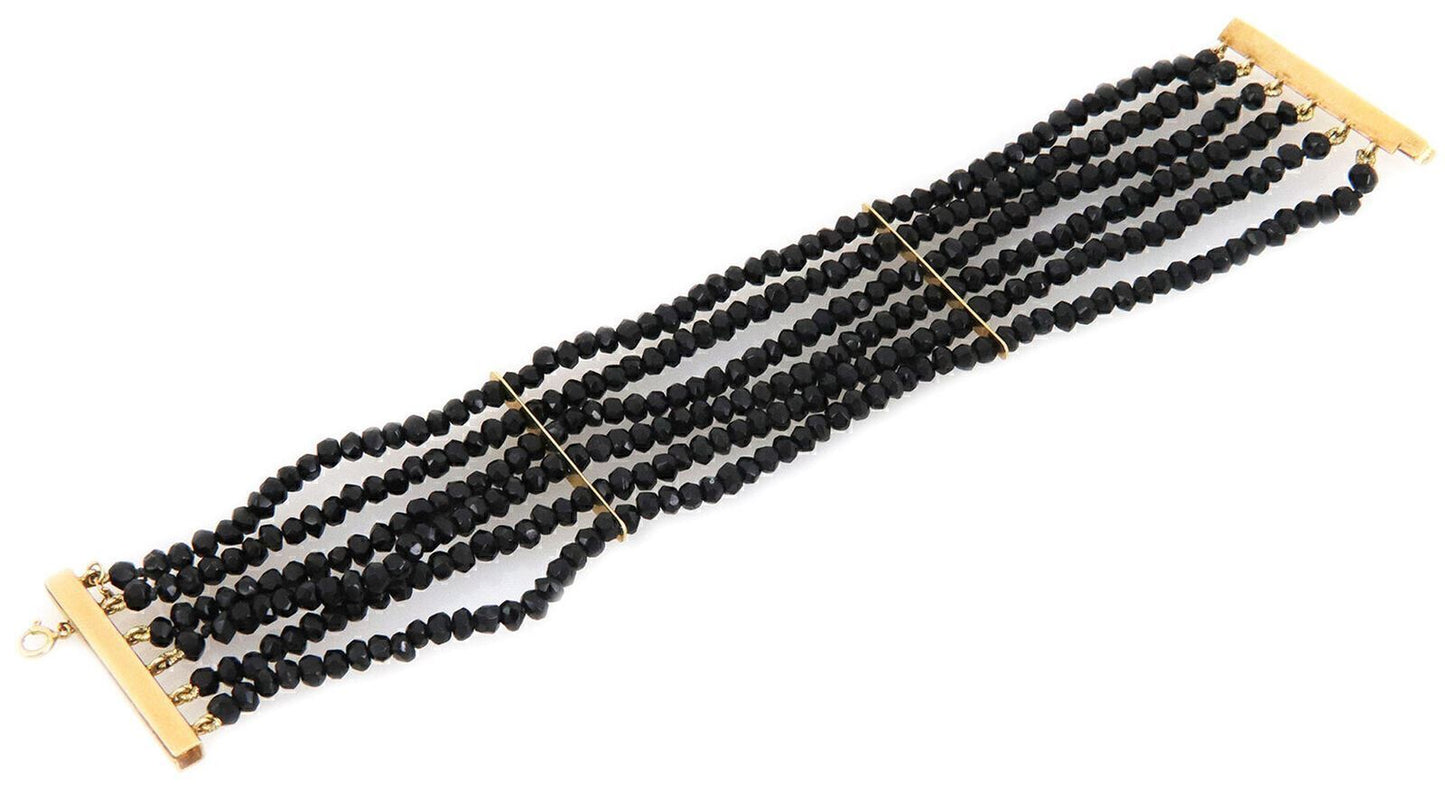 Six Strand Onyx Beaded 18k Yellow Gold Wide Bracelet