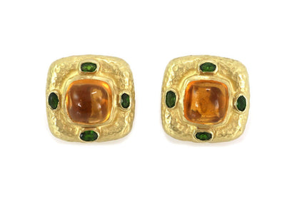 Kanaris Citrine & Tourmaline 18k Yellow Gold Hammered Square Huggie Earrings