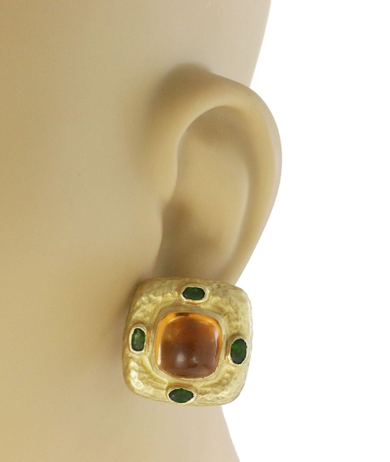 Kanaris Citrine & Tourmaline 18k Yellow Gold Hammered Square Huggie Earrings