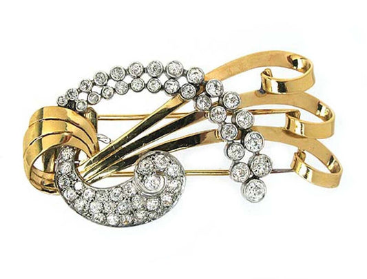 Diamond 18k Two Tone Gold Fancy Earrings & Brooch Set