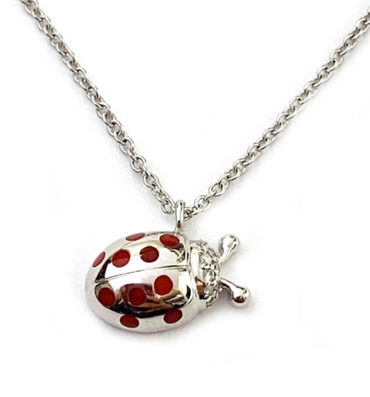 Tiffany & Co. Diamond Red Enamel 18k White Gold Lady Bug Pendant Necklace