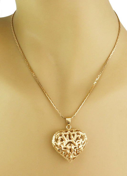 Filigree Puff Heart 14k Yellow Gold Pendant & Long Chain Necklace