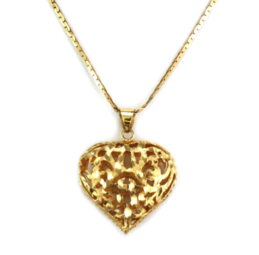 Filigree Puff Heart 14k Yellow Gold Pendant & Long Chain Necklace