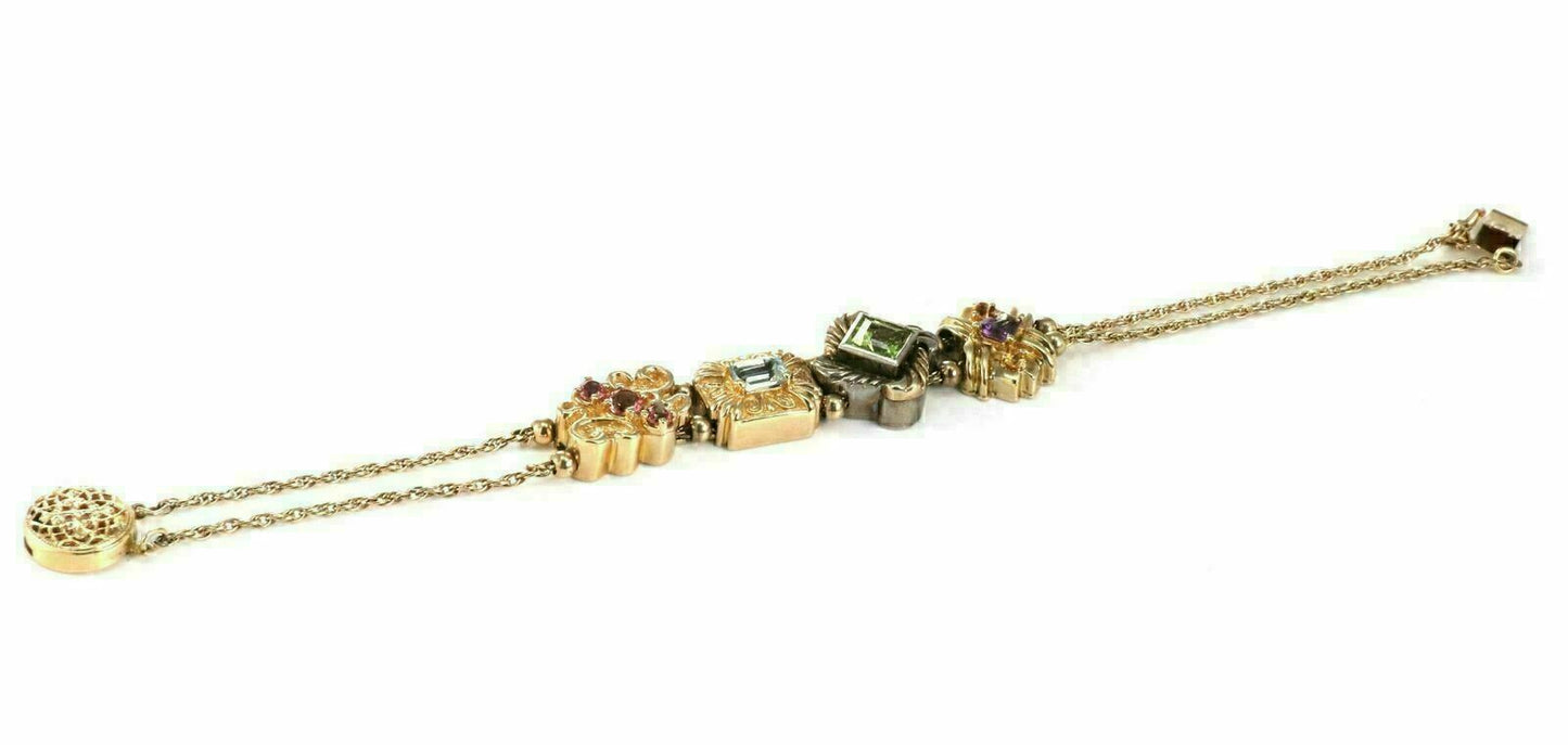 Multicolor Gems 14k Gold & Sterling 4 Charms Double Chain  Bracelet