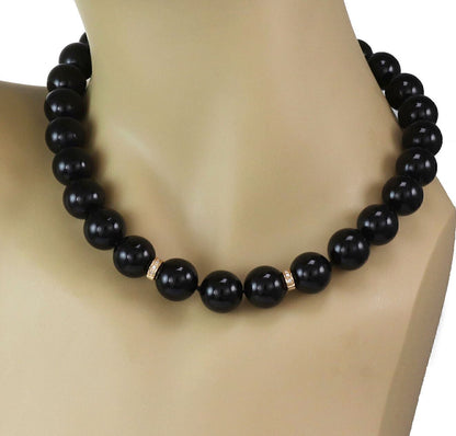 Diamond & 13.5mm Onyx Beads 14k Yellow Gold Necklace