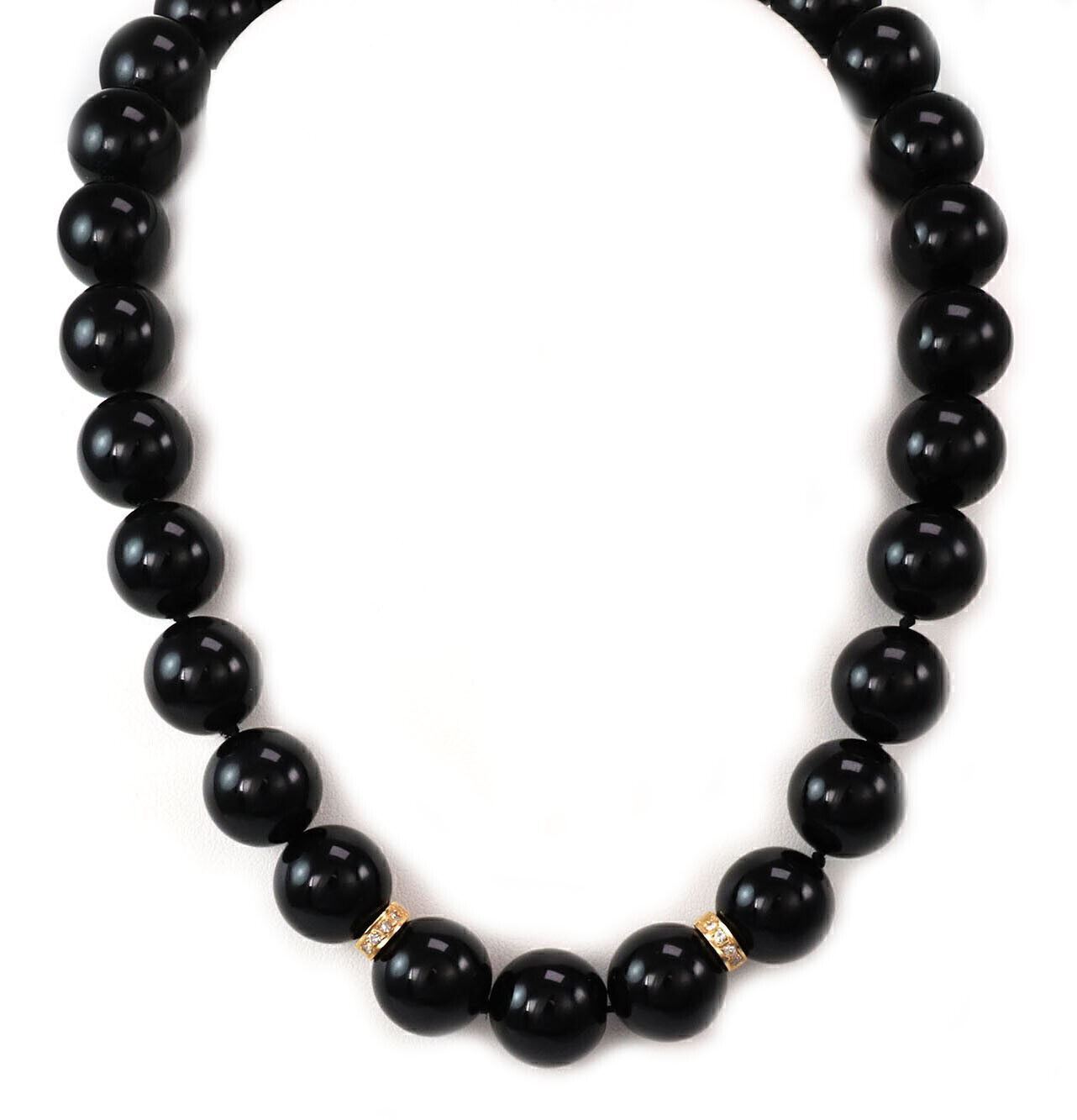 Diamond & 13.5mm Onyx Beads 14k Yellow Gold Necklace