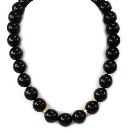 Diamond & 13.5mm Onyx Beads 14k Yellow Gold Necklace