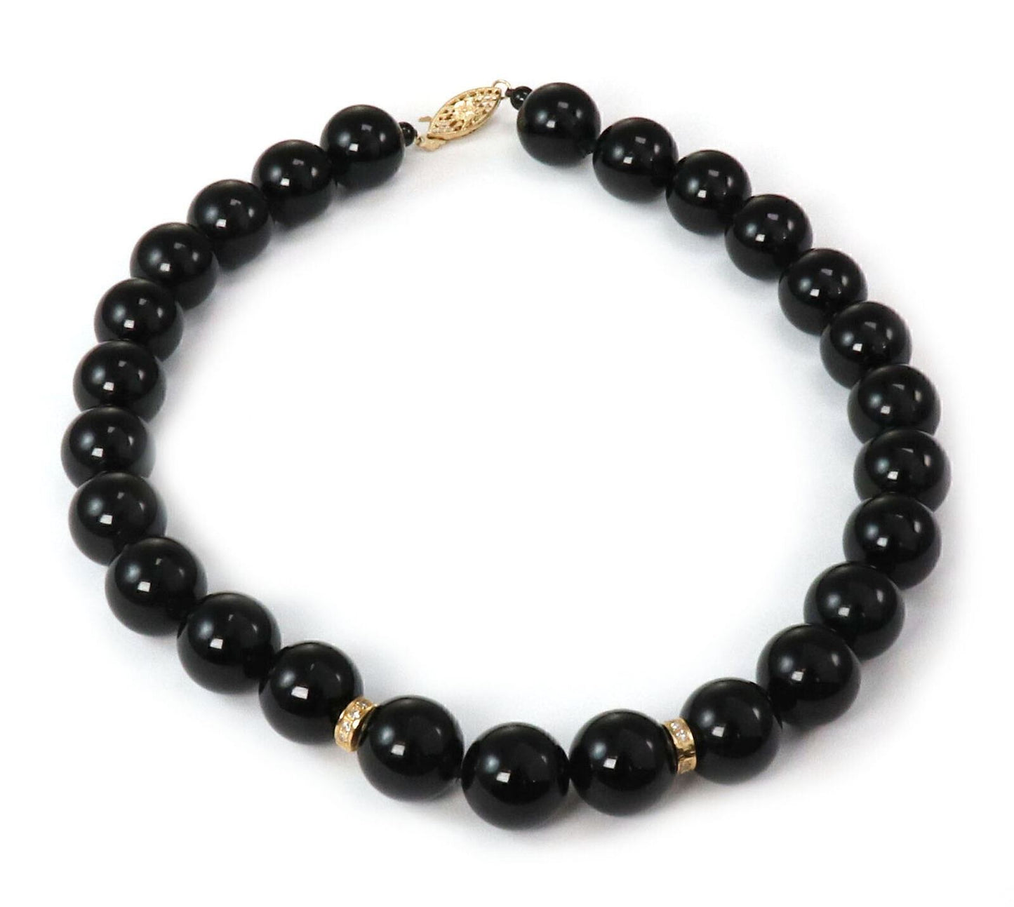 Diamond & 13.5mm Onyx Beads 14k Yellow Gold Necklace