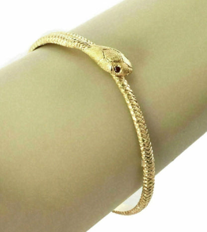 Ruby Textured Snake Bypass 18k Yellow Gold Bangle Bracelet