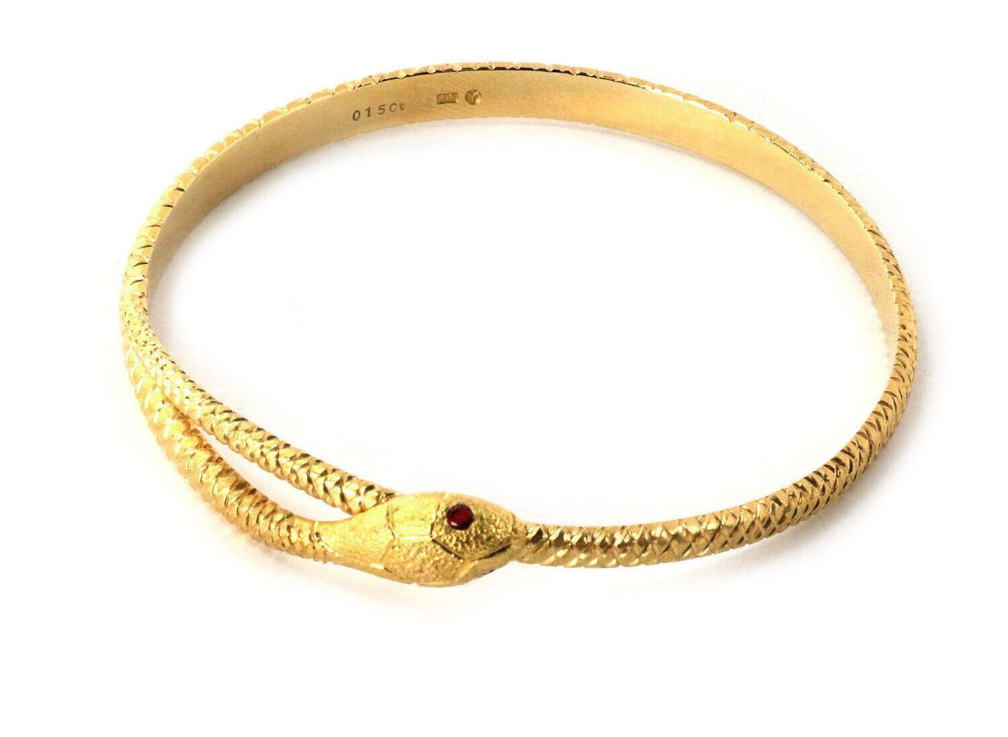 Ruby Textured Snake Bypass 18k Yellow Gold Bangle Bracelet