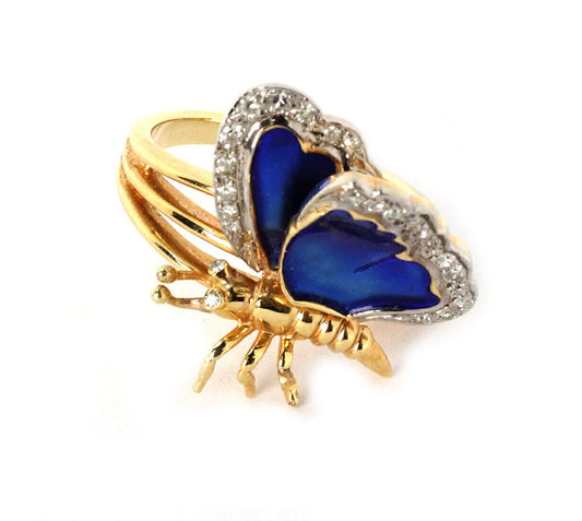 Diamond & Blue Enamel 14k Two Tone Gold Double Wing Butterfly Ring - Size 6