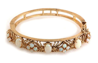 Fire Opal 14k Yellow Gold Fancy Textured Floral Bangle Bracelet