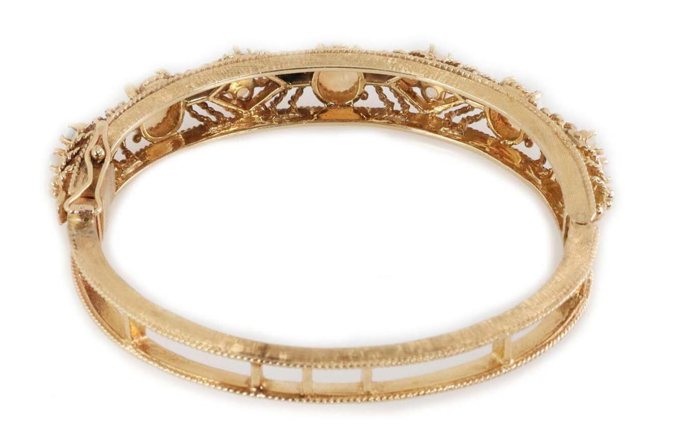Fire Opal 14k Yellow Gold Fancy Textured Floral Bangle Bracelet