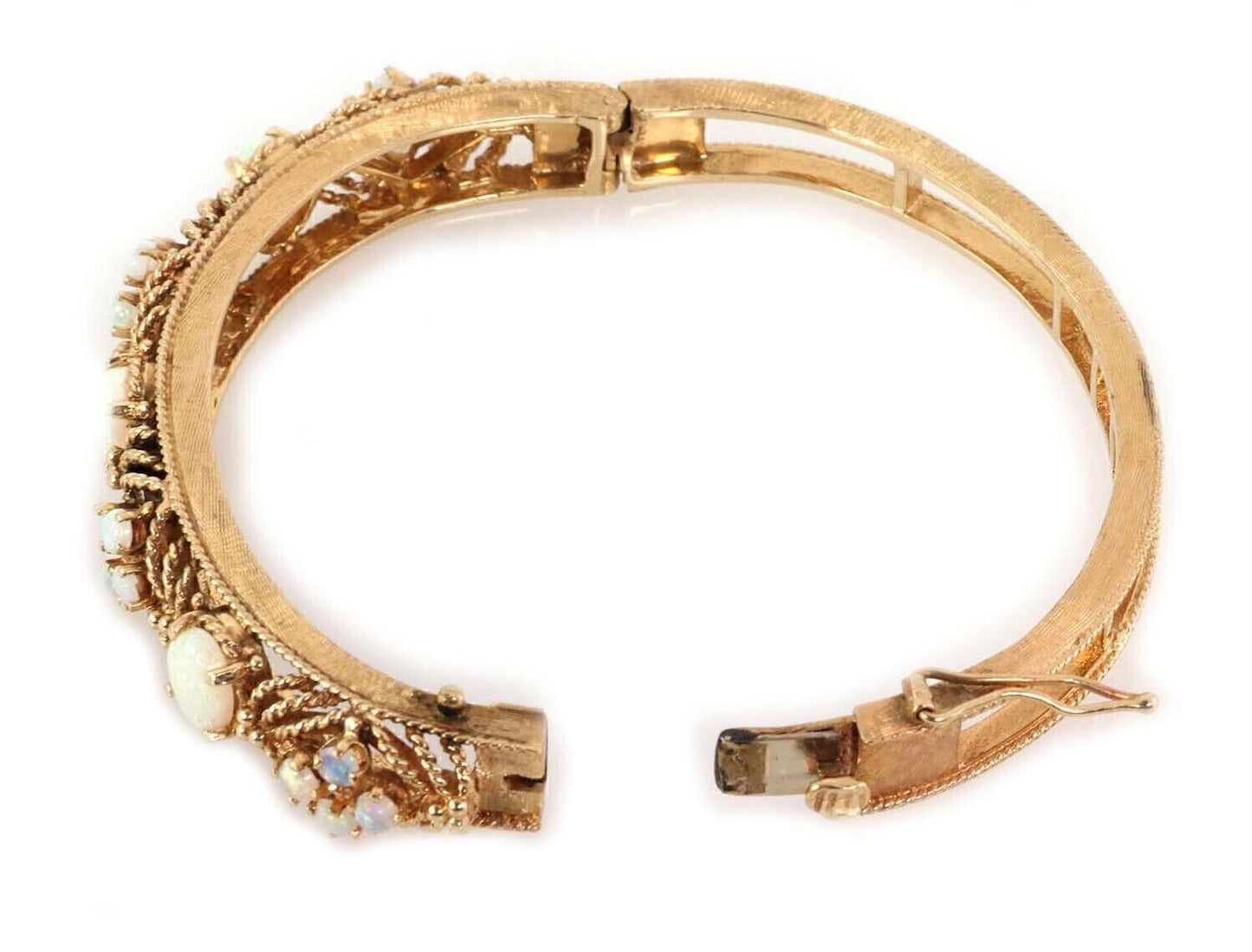 Fire Opal 14k Yellow Gold Fancy Textured Floral Bangle Bracelet