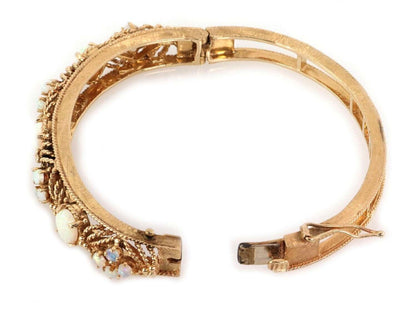 Fire Opal 14k Yellow Gold Fancy Textured Floral Bangle Bracelet